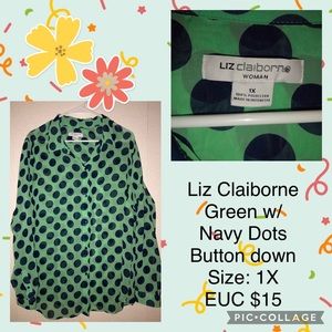 Liz Claiborne Women’s Blouse- green w/ navy dots, 1X EUC